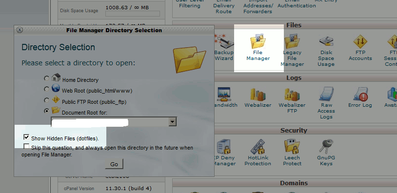 Como mostrar arquivos ocultos no cPanel 4 frfr